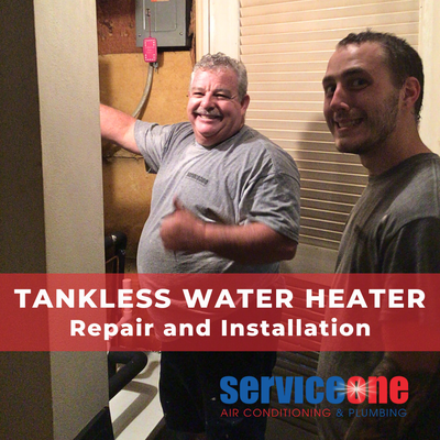Tankless Water Heater Repair and Installation. Start saving money and getting a continuous supply of hot water on demand! - Whether it's a repair or upgrade you need, a tankless water heater system is the way to go! An efficient and space-saving system will have you saying goodbye to limited hot water and bulky tanks. With ServiceOne Air Conditioning & Plumbing, the installation process will be smooth and hassle-free. Plus, this can save you money on utility bills. A definite game-changer for anyone looking to upgrade their water heating system! Tankless Water Heater Repair and Installation. Start saving money and getting a continuous supply of hot water on demand! - Whether it's a repair or upgrade you need, a tankless water heater system is the way to go! An efficient and space-saving system will have you saying goodbye to limited hot water and bulky tanks. With ServiceOne Air Conditioning & Plumbing, the installation process will be smooth and hassle-free. Plus, this can save you money on utility bills. A definite game-changer for anyone looking to upgrade their water heating system!