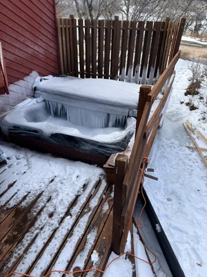 Frozen spa rescue 2024 - This new Bullfrog spa was completely frozen solid after wind blew the cover open allowing the 104° water to rapidly evaporate in the sub zero temperatures and start the pumps causing the heater to be completely unable to heat the water. We responded after hours to help save this spa and evaluate the damage. After a few visits we were able to completely thaw and repair this spa and repair all the freeze damage. We also helped install a cover latch system to hold the cover in place to prevent future problems. Frozen spa rescue 2024 - This new Bullfrog spa was completely frozen solid after wind blew the cover open allowing the 104° water to rapidly evaporate in the sub zero temperatures and start the pumps causing the heater to be completely unable to heat the water. We responded after hours to help save this spa and evaluate the damage. After a few visits we were able to completely thaw and repair this spa and repair all the freeze damage. We also helped install a cover latch system to hold the cover in place to prevent future problems.