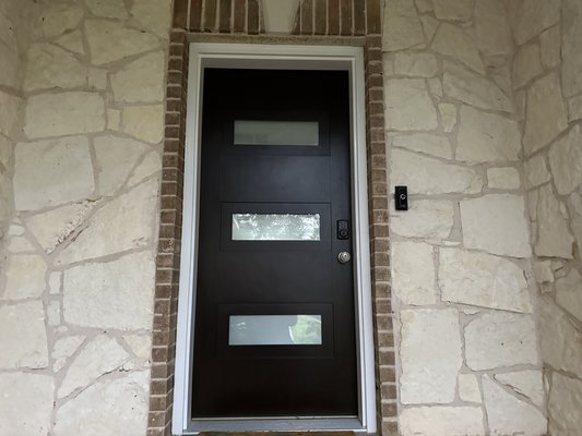 Front door replacement with new pre hung unit. - This customer’s existing wooden door was having lots of problems and was not holding up to the Texas heat. They wanted to make a bold statement and chose our 3 lite modern door from our website. We did a complete door replacement with composite jamb and casing system. Instant curb appeal! Front door replacement with new pre hung unit. - This customer’s existing wooden door was having lots of problems and was not holding up to the Texas heat. They wanted to make a bold statement and chose our 3 lite modern door from our website. We did a complete door replacement with composite jamb and casing system. Instant curb appeal!
