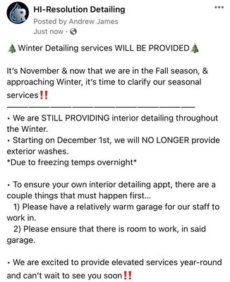 Winter Services / Vehicle Starting Prices - The seen photos will provide all needed information about our services at this current time.
They will include not only our Winter services, but each price of each service as well.
*Note that all interior details can be up-charged to up to $30 due to excessive…
-Stains
-Salt Stains
-Dog Hair Winter Services / Vehicle Starting Prices - The seen photos will provide all needed information about our services at this current time.
They will include not only our Winter services, but each price of each service as well.
*Note that all interior details can be up-charged to up to $30 due to excessive…
-Stains
-Salt Stains
-Dog Hair