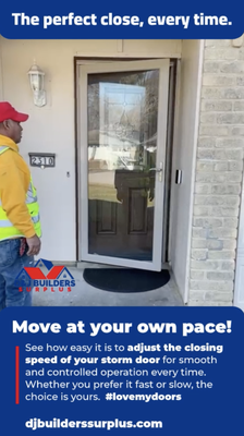 Adjust Storm Door Closing Speed - "A door that moves at your pace! Watch how easy it is to adjust the closing speed of your storm door for smooth and controlled operation every time. Whether you prefer it fast or slow, the choice is yours. Available at D&J Builders Surplus
Investing in a new storm door isn’t just about curb appeal—it’s about making your home more energy-efficient in every season.
Here’s why:
• 40% Energy Savings: Reduce heat loss during the winter and prevent cool air from escaping during summer.
• 10-15% Lower Utility Bills: Improve your energy efficiency and see immediate cost savings.
• Durable Weather Protection: Shields your main door from harsh elements, extending its lifespan.
• Enhanced Insulation: Storm door adds an extra barrier, maintaining a more stable indoor temperature.
• Improved Home Value: Energy efficiency is a top priority for homebuyers, making it a smart investment for your property. Stay comfortable year-round while saving money.
djbuilderssurplus.com
972 666 1422
#StormDoors #EnergySavings #smarthometech #lovemydoors #frontdoor Adjust Storm Door Closing Speed - "A door that moves at your pace! Watch how easy it is to adjust the closing speed of your storm door for smooth and controlled operation every time. Whether you prefer it fast or slow, the choice is yours. Available at D&J Builders Surplus
Investing in a new storm door isn’t just about curb appeal—it’s about making your home more energy-efficient in every season.
Here’s why:
• 40% Energy Savings: Reduce heat loss during the winter and prevent cool air from escaping during summer.
• 10-15% Lower Utility Bills: Improve your energy efficiency and see immediate cost savings.
• Durable Weather Protection: Shields your main door from harsh elements, extending its lifespan.
• Enhanced Insulation: Storm door adds an extra barrier, maintaining a more stable indoor temperature.
• Improved Home Value: Energy efficiency is a top priority for homebuyers, making it a smart investment for your property. Stay comfortable year-round while saving money.
djbuilderssurplus.com
972 666 1422
#StormDoors #EnergySavings #smarthometech #lovemydoors #frontdoor