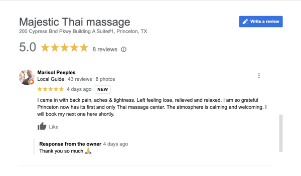 Reviews | References | Testimonials - Thank you for considering Majestic Thai Massage for your next appointment. We appreciate your understanding as we continue to grow our Yelp reviews organically. We believe in transparency so please in the meantime, checkout what others have said about service elsewhere online (feel free to reference any screenshots if desired).