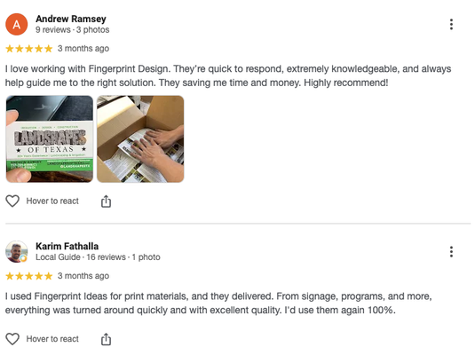 Real Customer Testimonials - Your brand is a fingerprint. We design it, market it, build it, wire it into one system, and put real ink on real material, all under one roof in Hutto, Texas. 

What makes us different is our partnership approach. We don’t just deliver a product—we deliver a process that grows with your business. Our CORE 300 system combines strategy, creativity, and consistency to keep your brand strong, visible, and profitable. At Fingerprint Ideas, every project is handled with care, every client gets personal attention, and every result leaves a lasting impression.