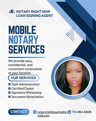 Notary Public - • Mobile Notary Services
• Loan Signing Services
• Power of Attorney Notarization
• Trusts & Estate Documents
• Real Estate Closings
• Jail / Detention Center Notary
• Adoption & Guardianship Papers
• Healthcare Directives / Living Wills
• Business Contracts & Legal Forms Notary Public - • Mobile Notary Services
• Loan Signing Services
• Power of Attorney Notarization
• Trusts & Estate Documents
• Real Estate Closings
• Jail / Detention Center Notary
• Adoption & Guardianship Papers
• Healthcare Directives / Living Wills
• Business Contracts & Legal Forms