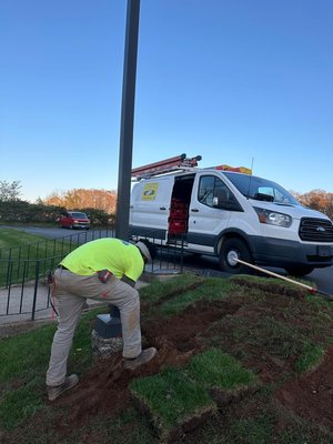Parking lot lighting - This parking lot had three 15 foot light pole that had no power due to broken underground wires, caused by over grown tree roots damaging the wiring. Parking lot lighting - This parking lot had three 15 foot light pole that had no power due to broken underground wires, caused by over grown tree roots damaging the wiring.