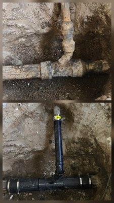 Sewer and kitchen sink drain line repair under slab foundation. - The kitchen sink drain line had failed at the sewer line connection due to corrosion. Sewer and kitchen sink drain line repair under slab foundation. - The kitchen sink drain line had failed at the sewer line connection due to corrosion.
