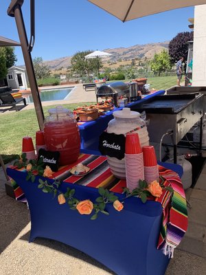 On site catering - The blue setup was done in San Jose, CA, and the black setup was done in Palo Alto, CA. We cater in San Jose but also travel throughout the Bay Area and surrounding cities, with a 50 guest minimum. Our team arrives early before serve time to cook and set up, and we serve your guests for 2 hours. On site catering - The blue setup was done in San Jose, CA, and the black setup was done in Palo Alto, CA. We cater in San Jose but also travel throughout the Bay Area and surrounding cities, with a 50 guest minimum. Our team arrives early before serve time to cook and set up, and we serve your guests for 2 hours.