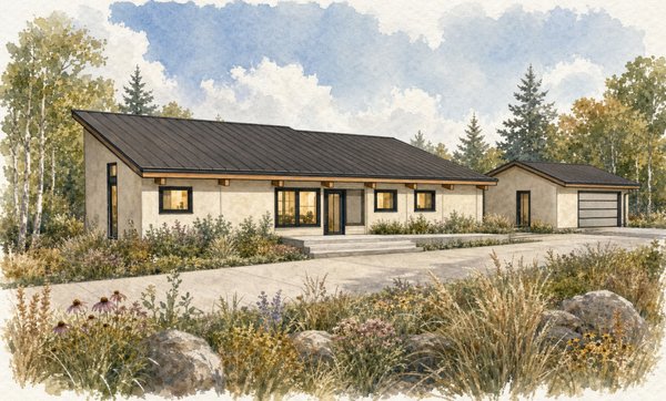 The Usonia Prairie House · Prefab Cabin, Model UM-601 - The Usonia Prairie House is a prefabricated cabin, and the first model of the Usonia modular series. Not a trailer, not a shipping container, and not a kit of parts you fight with for a season. It is a fully drawn house whose wall panels, floor units and roof units are built indoors in a controlled shop, loaded onto semi trailers, and set on your land by a small crew.

Every component is drawn to fit on a standard flatbed trailer. That one constraint decided the panel sizes, the spans, and the way the whole building comes apart, which means the house stops caring where the site is. A lot two hours off the highway, a lake road that washes out in April, forty acres with no address on it yet. Panels arrive numbered and in order, so a small crew can stand a rough framed cabin up in days rather than months.

Twelve hundred square feet on the main level under one long single slope roof, sixty feet end to end. Three bedrooms, two full baths, and living, dining and kitchen sharing one volume that opens to the deck. One sleeping room runs the full two stories and opens into a loft above through a pierced wooden screen. The basement is drawn unfinished across the full footprint, twelve hundred more square feet you can finish on your own schedule, and it walks out to grade on a site that falls away.

Modular here is a construction method, not a limit on the design. The plan can grow, shrink, flip, and change its skin. Construction document set issued August 2026. Serving Wittenberg, Wausau, Weston, Stevens Point and central Wisconsin.

Designed for you. Built for life.