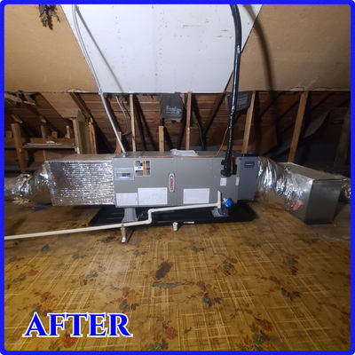 Attic Furnace & Air Handler Replacement – Before & After - Our team completed a full attic system replacement for a homeowner who was ready to upgrade from an outdated unit. The old vertical-style air handler and duct connections were inefficient and took up too much attic space.

We replaced it with a modern horizontal air handler designed specifically for attic installation. This upgrade improves airflow, reduces energy waste, and provides easier access for future maintenance. The new system is compact, efficient, and ready to keep this home comfortable for years to come.