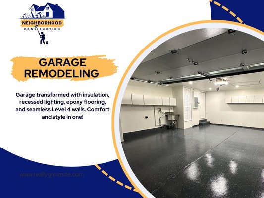 Garage remodeling - Transform your garage into a comfortable and functional space! We completed a full remodel, including high-quality insulation for energy efficiency, sleek recessed lighting for a modern look, durable epoxy flooring for a polished finish, and Level 4 wall preparation for perfectly smooth and seamless walls. Let us turn your garage into a space you'll love! Garage remodeling - Transform your garage into a comfortable and functional space! We completed a full remodel, including high-quality insulation for energy efficiency, sleek recessed lighting for a modern look, durable epoxy flooring for a polished finish, and Level 4 wall preparation for perfectly smooth and seamless walls. Let us turn your garage into a space you'll love!