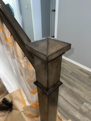 Faux finish on hand rail!! - Transforming this white boring hand rail with a faux finish!