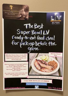 Super Bowl LV - SUPER BOWL LV BBQ BEEF BRISKET MEAL. CURRENT SPECIAL IS RUNNING UNTIL 4:30PM ON 2/7/2021.
8OZ portioned meal is $14.00, 16oz portioned meal is 16oz. CALL NOW TO PLACE AN ORDER!
Culinary /Esthetics provides personal chef services specializing in custom tailored culinary events. Focus is private and professional low-volume events including individuals with dietary restrictions and sensitivities. Culinary /Esthetics’ recipe and menu development represents seasonal and specialty items where all ingredients are environmentally friendly and responsibly sourced. Super Bowl LV - SUPER BOWL LV BBQ BEEF BRISKET MEAL. CURRENT SPECIAL IS RUNNING UNTIL 4:30PM ON 2/7/2021.
8OZ portioned meal is $14.00, 16oz portioned meal is 16oz. CALL NOW TO PLACE AN ORDER!
Culinary /Esthetics provides personal chef services specializing in custom tailored culinary events. Focus is private and professional low-volume events including individuals with dietary restrictions and sensitivities. Culinary /Esthetics’ recipe and menu development represents seasonal and specialty items where all ingredients are environmentally friendly and responsibly sourced.