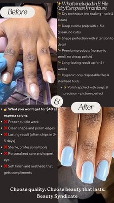 Beauty Syndicate Nails - ✨ This project showcases one of our signature services – the Russian E-file Manicure at Beauty Syndicate.

We started with dry, natural nails and applied our signature clean technique:
	•	Dry cuticle removal using a professional e-file
	•	Precision shaping with European hard gel
	•	Application of high-quality, long-lasting gel polish
	•	All tools sterilized and files single-use only

Our focus is always on hygiene, detail, and durability. The result? Flawless nails that last 3+ weeks without chipping – and a look that gets compliments every day. 💅

We take pride in bringing European-level beauty standards to the heart of Denver.
