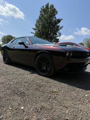 Dodge Challenger Wrap - Our latest full wrap. This customer chose KPMF Gloss Midnight Crimson Bloom with an Avery-Dennison Satin Black hood. Dodge Challenger Wrap - Our latest full wrap. This customer chose KPMF Gloss Midnight Crimson Bloom with an Avery-Dennison Satin Black hood.