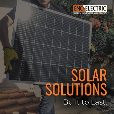 Solar Installation - Embrace renewable energy with professional solar panel installation services from EMC Electric. Our certified electricians provide reliable and efficient solar solutions for residential and commercial properties. From initial assessment to final installation, we guarantee your solar system is designed and installed to maximize energy production and efficiency, reducing your energy costs and environmental footprint.

With over 27 years of experience, EMC Electric is your trusted partner for solar energy solutions. We prioritize safety and quality, using high-grade materials and the latest techniques to deliver exceptional service.