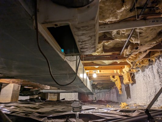 Sewage backed up into HVAC! - This homeowner called us to test for possible mold caused by a sewage pipe backing up into some crawlspace HVAC ductwork. Upon arrival, we found a nicely cleaned and insulated crawlspace with some evidence of moisture on the walls and along the outside rim of the crawlspace. We also found an old whole-house humidifier that was no longer connected to plumbing, missing its cover, and missing the evaporation coils. We tested the air escaping the humidifier and sampled the spots of discoloration. Since the homeowner was worried about sewage damage, we also tested inside the humidifier casing for mold and for sewage-related bacteria. The homeowner is in good hands, breathing easier with the doc!