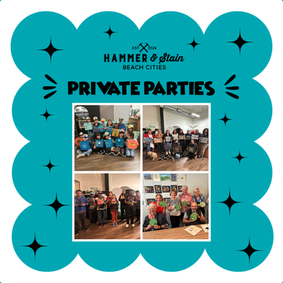 Book A Private Party For Your Next Event! - Make It Private: Your Event, Your Projects!
BOOK A PRIVATE PARTY
- Birthday Party
- Team Builder
- Girls Night Out
- Fundraisers and More!
Celebrate special moments with a hands-on creative experience at Hammer and Stain Torrance Beach Cities. Gather your friends, family, or co-workers for a fun, personalized workshop in a relaxed setting. Choose your date, secure your spot with a deposit, and meet the guest minimum to enjoy a private event. If you have a smaller group, you can always reserve a table at a public workshop. Let’s get crafting! Book A Private Party For Your Next Event! - Make It Private: Your Event, Your Projects!
BOOK A PRIVATE PARTY
- Birthday Party
- Team Builder
- Girls Night Out
- Fundraisers and More!
Celebrate special moments with a hands-on creative experience at Hammer and Stain Torrance Beach Cities. Gather your friends, family, or co-workers for a fun, personalized workshop in a relaxed setting. Choose your date, secure your spot with a deposit, and meet the guest minimum to enjoy a private event. If you have a smaller group, you can always reserve a table at a public workshop. Let’s get crafting!