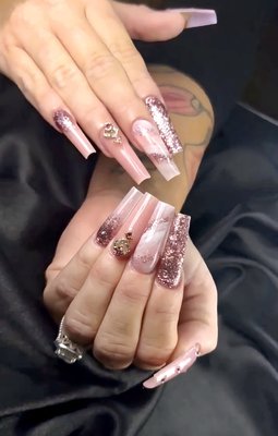 June 2024 - Pink Ombre Acrylic With Marble Design and Teal Acrylic With Glitter Ombre French Tip Design