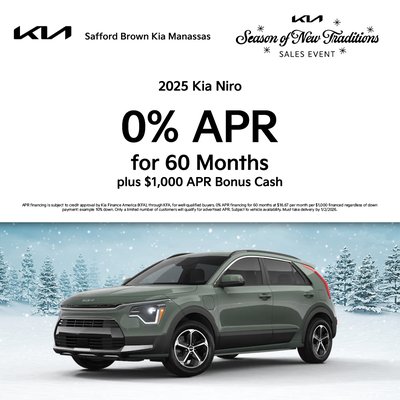 Season of New Traditions Kia Offers | Safford Brown Kia Manassas - This project highlights our Season of New Traditions savings at Safford Brown Kia Manassas, featuring new Kia models ready for Manassas-area drivers. Explore 0% APR on the 2025 Kia Niro and EV6, low APR plus APR Bonus Cash on the 2026 Sorento, K5, and Sportage, and great financing or lease options on the 2025 K4 and Telluride. Each design showcases real offers available for well-qualified customers through Kia Finance America. Visit our Manassas, VA showroom to compare models, review current incentives, and find the Kia that fits your lifestyle and budget. Season of New Traditions Kia Offers | Safford Brown Kia Manassas - This project highlights our Season of New Traditions savings at Safford Brown Kia Manassas, featuring new Kia models ready for Manassas-area drivers. Explore 0% APR on the 2025 Kia Niro and EV6, low APR plus APR Bonus Cash on the 2026 Sorento, K5, and Sportage, and great financing or lease options on the 2025 K4 and Telluride. Each design showcases real offers available for well-qualified customers through Kia Finance America. Visit our Manassas, VA showroom to compare models, review current incentives, and find the Kia that fits your lifestyle and budget.