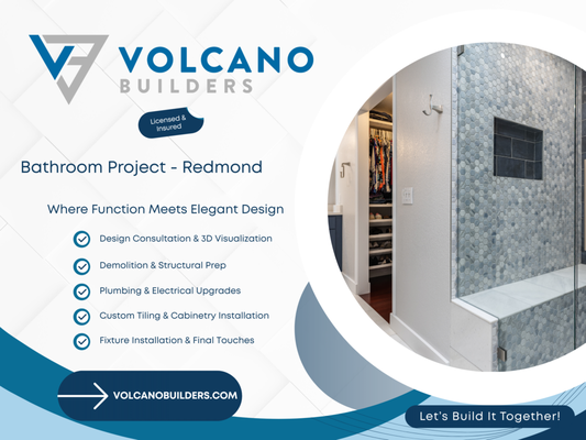 Bathroom Remodel - Redmond, WA - Volcano Builders is delighted to present a breathtaking bathroom remodel located in the heart of Redmond, Washington. This project is a testament to our commitment to blending aesthetic appeal with practicality, offering homeowners a sanctuary that not only meets their daily needs but also serves as a retreat from the hustle and bustle of life.

The focal point of this renovation is the spacious walk-in shower, encapsulating contemporary design with its hexagonal and subway tile contrast. The hexagons cascade across the walls, creating a serene honeycomb effect that is both calming and visually engaging. The large, dark subway tiles anchor the space, imparting a sense of depth and sophistication.

Attention to detail is evident in every aspect of the remodel. From the custom-designed niche that provides convenient storage for bathing essentials to the built-in bench that offers a space to relax under the cascading water, no stone was left unturned. The shower boasts multiple water sources, including an overhead rainfall showerhead and strategically placed body jets, providing a spa-like experience.

The transparent glass enclosure of the shower unit maintains the openness of the bathroom, allowing natural light to flow throughout the space. This sense of openness is further enhanced by the smooth transition to a meticulously organized closet system, reflecting the harmony between elegant design and functionality.

Volcano Builders has ensured that every element of this remodel speaks to the quality and craftsmanship we bring to every project. Our selection of high-end fixtures and finishes, combined with our innovative design approach, makes this bathroom stand out as a pinnacle of luxury living in Washington.

Residents of Redmond and the surrounding areas seeking a trusted partner for their home renovation needs need not look further. Volcano Builders is dedicated to creating custom spaces that resonate with the lifestyles and preferences of our clients. We invite you to explore this latest remodel, which is just one example of how we can transform your home into a space that is both beautiful and uniquely yours.

Embrace the ultimate in bathroom luxury with Volcano Builders, where your vision for the perfect home becomes a reality. Contact us to embark on your journey to a more elegant and inspired living space.