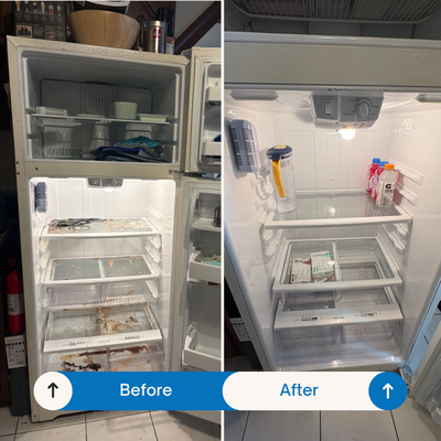 Deep Cleaning with Inside Appliances - Deep clean of the kitchen refrigerator: removed spills, sticky residue, expired items, and sanitized all shelves and drawers for a hygienic space.