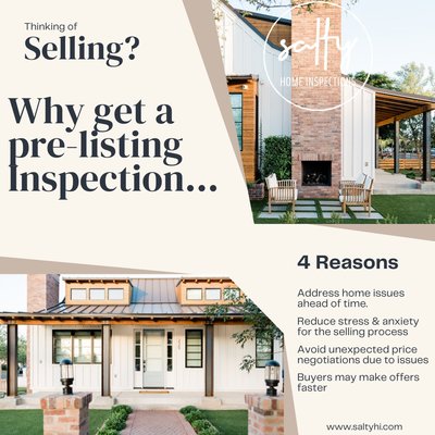 Why get a pre-listing inspection? - Inspections typically cost $400-$500 and evaluate the condition of the homes plumbing, electrical, foundation, roof, HVAC and sometimes Appliances.

Today sellers are keeping the ball in their court by having a Pre-Listing inspection done! Avoiding pricing negotiations, missed buyers, and getting a good understanding of their homes condition going into the market.