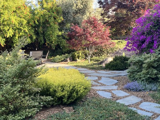Hosting Retreat - This used to just be a lawn and white rocks. We designed a patio, which a concrete contractor installed for her, then we came in and built the garden, irrigation system, and stepping stone path. In a few short years, the garden is quite mature! Hosting Retreat - This used to just be a lawn and white rocks. We designed a patio, which a concrete contractor installed for her, then we came in and built the garden, irrigation system, and stepping stone path. In a few short years, the garden is quite mature!