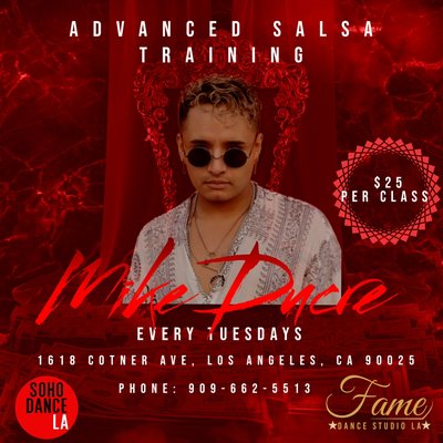 Salsa classes - every Tuesday from 8 to 9:30.
This class is advanced salsa, we do training in free and even steps, techniques in body movements and both physical and mental agility.
If challenges are something that may interest you and you are a demanding and risky person, my class is for you.
Address: 1618 Cotner Ave, Los Angeles, CA 90025
Phone: 909-662-5513
@mikeducredance Salsa classes - every Tuesday from 8 to 9:30.
This class is advanced salsa, we do training in free and even steps, techniques in body movements and both physical and mental agility.
If challenges are something that may interest you and you are a demanding and risky person, my class is for you.
Address: 1618 Cotner Ave, Los Angeles, CA 90025
Phone: 909-662-5513
@mikeducredance
