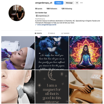 Follow Us On Instagram! @zengardenspa_clt - Health/beauty
A premier beauty & wellness destination in Charlotte, NC. Specializing in Organic Facials and Therapeutic Massages to help you look & feel your best.
https://www.instagram.com/zengardenspa_clt/