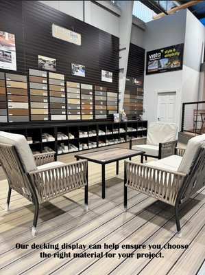 Decking Display - We carry a wide range of the top brands in decking material, from composite to cedar to hardwood to thermally modified wood. We've worked hard on showcasing all the decking brands and materials available to ensure our customers have the tools to make the best decision for their next home improvement project. As always, our sales associates can offer support and answer any questions that come up during the planning, budgeting and shopping journey. Decking Display - We carry a wide range of the top brands in decking material, from composite to cedar to hardwood to thermally modified wood. We've worked hard on showcasing all the decking brands and materials available to ensure our customers have the tools to make the best decision for their next home improvement project. As always, our sales associates can offer support and answer any questions that come up during the planning, budgeting and shopping journey.