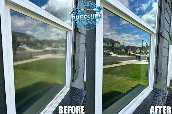 Hard Water Spot Removal - Before: The window is covered in stubborn white mineral stains and hazy hard water spots that dull the glass and block the natural sunlight. The surface looks cloudy, neglected, and streaked despite multiple cleanings.
After: The glass is crystal clear and streak-free, with every water spot and mineral stain completely removed. You can now see straight through to the view outside—bright, sharp, and clean like the window was just installed. Total transformation! Hard Water Spot Removal - Before: The window is covered in stubborn white mineral stains and hazy hard water spots that dull the glass and block the natural sunlight. The surface looks cloudy, neglected, and streaked despite multiple cleanings.
After: The glass is crystal clear and streak-free, with every water spot and mineral stain completely removed. You can now see straight through to the view outside—bright, sharp, and clean like the window was just installed. Total transformation!