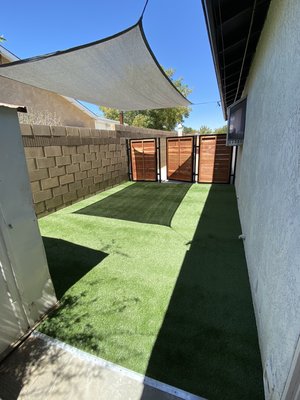 Backyard renovation. Lancaster,Ca - On this project we helped out the customers to create the final design. They were interested to create a dog run and extend the concrete on that side. In the back we built a raised planter bed and we recycled the extra dirt coming out of site preparation. In the other side we installed a drain system, sprinkler system, half of the area concrete and the other half grass. And to finish the project we replaced the chain link gates with a custom steel and redwood gates. Backyard renovation. Lancaster,Ca - On this project we helped out the customers to create the final design. They were interested to create a dog run and extend the concrete on that side. In the back we built a raised planter bed and we recycled the extra dirt coming out of site preparation. In the other side we installed a drain system, sprinkler system, half of the area concrete and the other half grass. And to finish the project we replaced the chain link gates with a custom steel and redwood gates.