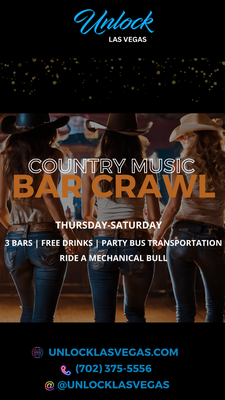 Country Bar Crawl - Get ready for the ultimate bar crawl experience as we take you to 3 of the best country music bars Las Vegas has to offer. Also, ride on our decked out party bus where we offer free drinks galore! Round up your friends and hop on board as we cruise from honky-tonk to honky-tonk, enjoying the best country tunes and dancing on the infamous stripper pole along the way. Don't miss out on this boot-scootin' good time!
We send a text message will be sent the day of your crawl before 3 PM with all of the tour details including: check-in location, tour schedule and tour guide name/number.
If you have any questions, or if you have a large group, feel free to call us at (702) 375-5556. Country Bar Crawl - Get ready for the ultimate bar crawl experience as we take you to 3 of the best country music bars Las Vegas has to offer. Also, ride on our decked out party bus where we offer free drinks galore! Round up your friends and hop on board as we cruise from honky-tonk to honky-tonk, enjoying the best country tunes and dancing on the infamous stripper pole along the way. Don't miss out on this boot-scootin' good time!
We send a text message will be sent the day of your crawl before 3 PM with all of the tour details including: check-in location, tour schedule and tour guide name/number.
If you have any questions, or if you have a large group, feel free to call us at (702) 375-5556.