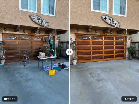 Garage Door Refinished - Restored and refinished a weathered garage door, bringing back its natural color and shine. Clean, durable finish with a dramatic before-and-after transformation.
