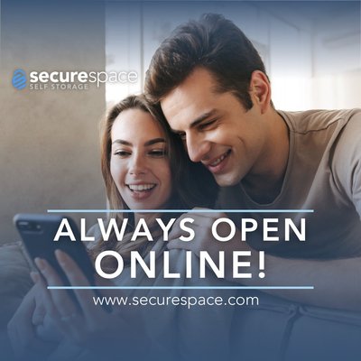 Always Open Online - We are always open online to ensure that SecureSpace Self Storage is accessible anytime, anywhere. No matter the time of day or night, you can manage your storage needs online with convenience and ease.
