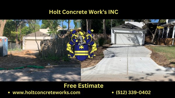 New Driveway Installation - The customer needed a contractor licensed with the City of Austin for a driveway to the attached garage. Holt Concrete Works Inc. is fully licensed, and we were able to provide the necessary Right Of Way permit to do the job. These are the before and after photos of the drive. New Driveway Installation - The customer needed a contractor licensed with the City of Austin for a driveway to the attached garage. Holt Concrete Works Inc. is fully licensed, and we were able to provide the necessary Right Of Way permit to do the job. These are the before and after photos of the drive.
