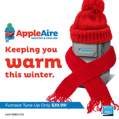 Keeping You Warm This Winter - $39.99 Furnace Tune-Up (Regularly $125)
Special Offer
Limited to forced air furnace systems. Boilers and other heating systems do not qualify. Must present coupon at time of service. Offers cannot be combined. Call Apple Aire Heating & Cooling for details.