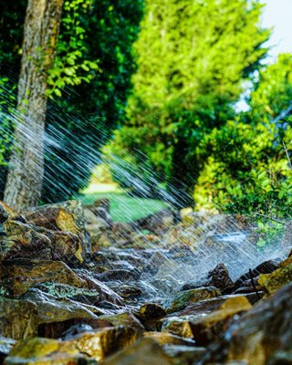 Outdoor water Feature - This outdoor water feature was an amazing project. We installed moss boulders and covered the entire backyard with Zeon Zoysia. Not only did we fix the backyards drainage ability , but we also transformed the entire appearance.