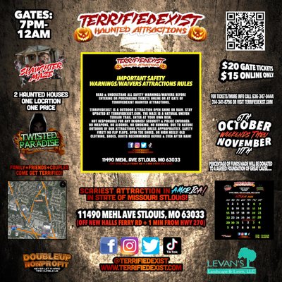 2023 Family Fun Haunted House OCTOBER Thru NOVEMBER 3rd, 4th, 5th, 10th & 11th - Family, Friends, Couples Event!
$15 Tickets Online / $20 At Gate 2023 Family Fun Haunted House OCTOBER Thru NOVEMBER 3rd, 4th, 5th, 10th & 11th - Family, Friends, Couples Event!
$15 Tickets Online / $20 At Gate