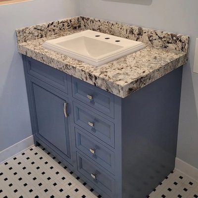 Custom Vanity With Custom Countertop! - This custom vanity built by my client is brought to life with the coordination of the hardware and top mount! Call today to bring your vision to life! Custom Vanity With Custom Countertop! - This custom vanity built by my client is brought to life with the coordination of the hardware and top mount! Call today to bring your vision to life!