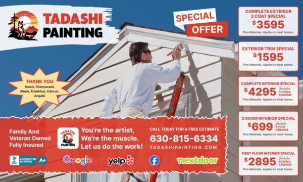 About Us - Tadashi Painting is a full-service paint company that specializes in residential repaints as well as carpentry, dry wall repairs, wallpaper removal. We provide high-quality interior and exterior house painting. Our mission is to create great-looking, long-lasting interior and exterior paint jobs by consistently exceeding the established painting industry quality standards. We strive to deliver friendly, reliable customer service to all of our customers in Naperville Woodridge Downers Grove Aurora Oswego Plainfield Wheaton Lombard Oak Brook Elmhurst La Grange Burr Ridge Lemont Bolingbrook Carol Stream Addison Romeoville Joliet Lockport Yorkville St Charles Geneva. We aim to earn customers for life. A Satisfied Customer Is Our #1 Priority! About Us - Tadashi Painting is a full-service paint company that specializes in residential repaints as well as carpentry, dry wall repairs, wallpaper removal. We provide high-quality interior and exterior house painting. Our mission is to create great-looking, long-lasting interior and exterior paint jobs by consistently exceeding the established painting industry quality standards. We strive to deliver friendly, reliable customer service to all of our customers in Naperville Woodridge Downers Grove Aurora Oswego Plainfield Wheaton Lombard Oak Brook Elmhurst La Grange Burr Ridge Lemont Bolingbrook Carol Stream Addison Romeoville Joliet Lockport Yorkville St Charles Geneva. We aim to earn customers for life. A Satisfied Customer Is Our #1 Priority!