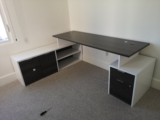 3 Part Office Table with Cabinets, Assembly and Installation. - Complex but beautiful office table with shelves and cabinets was assembled by our team. 3 Part Office Table with Cabinets, Assembly and Installation. - Complex but beautiful office table with shelves and cabinets was assembled by our team.