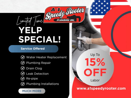 Yelp Special Pricing - New Yelp customers save 15 % on labor with A-1 Speedy Rooter! Our licensed Fullerton team handles residential and commercial plumbing—drain cleaning, hydro-jetting, water-heater repair or replacement, leak detection, sewer and gas line fixes, clog removal, camera inspections, and emergency 24/7 service. Fast, honest, guaranteed workmanship. Schedule your estimate today.