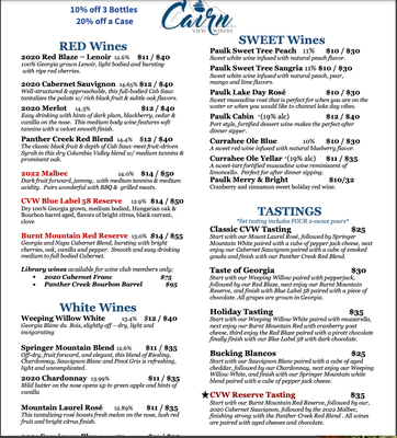 Wine & Tapas Menu - Cairn View Winery offers unique wine tastings, found nowhere else in GA. Our wine tastings have been curated and paired with 2 small bites to enhance your tasting experience. Enjoy our wines by the glass or bottle and add a perfectly paired appetizer to enhance and compliment your experience.