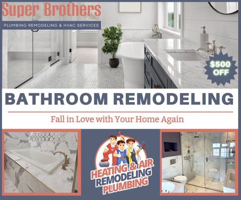 Bathroom Remodeling - Remodeling your bathroom can be a fantastic experience that comes with numerous benefits. If you're looking to remodel your bathroom but need help knowing where, when, or what design to choose, we're here to help. Our team of experts will assist you in selecting a design that suits your budget, house, and style. Changing the existing layout of a bathroom can be daunting, as it requires knowledge of how to move and change the plumbing. However, you don't have to worry about the plumbing aspect of the project with Super Brothers. We have extensive experience and knowledge in all aspects of bathroom remodeling. Apart from enhancing your daily routine, remodeling your bathroom can increase the value of your home, making it a worthwhile investment. Contact us now to get started. Bathroom Remodeling - Remodeling your bathroom can be a fantastic experience that comes with numerous benefits. If you're looking to remodel your bathroom but need help knowing where, when, or what design to choose, we're here to help. Our team of experts will assist you in selecting a design that suits your budget, house, and style. Changing the existing layout of a bathroom can be daunting, as it requires knowledge of how to move and change the plumbing. However, you don't have to worry about the plumbing aspect of the project with Super Brothers. We have extensive experience and knowledge in all aspects of bathroom remodeling. Apart from enhancing your daily routine, remodeling your bathroom can increase the value of your home, making it a worthwhile investment. Contact us now to get started.