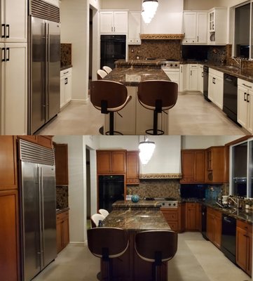Kitchen Cabinet Interior Refinishing - Refinishing over satin and lacquer clear coat cabinet and trim with water-based alkyd for a flawless kitchen finish. Plus wood decor removal and closet cabinet lacquer touchups. Kitchen Cabinet Interior Refinishing - Refinishing over satin and lacquer clear coat cabinet and trim with water-based alkyd for a flawless kitchen finish. Plus wood decor removal and closet cabinet lacquer touchups.