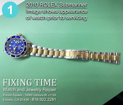 2010 Rolex Submariner Service - This two 2010 “Bluesy” just came in to us for a routine service. Once the watch was properly examined and its work assessment approved, the case and bracelet were disassembled and the movement dismantled for a complete overhaul. The watch was reassembled within 48 hours and its precision tested and properly calibrated to its factory accuracy standards. A light polish in the final stage re-stored the two-tone luster and ultimately brought this beautiful timepiece back to its original factory finish. 2010 Rolex Submariner Service - This two 2010 “Bluesy” just came in to us for a routine service. Once the watch was properly examined and its work assessment approved, the case and bracelet were disassembled and the movement dismantled for a complete overhaul. The watch was reassembled within 48 hours and its precision tested and properly calibrated to its factory accuracy standards. A light polish in the final stage re-stored the two-tone luster and ultimately brought this beautiful timepiece back to its original factory finish.
