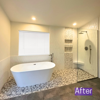 Full Bathroom Remodeling 2022 - Here is example of full remodeling for master bathroom. According picture we had framing job to relocate balcony door and replace it with new window. There is No step down or up shower floor, we have curb less shower which needs more efforts to make a good slop all the way to line drain. It designed to be open with full access from tub to shower. It's a practical layout for who needs open spaces and easy access to shower.