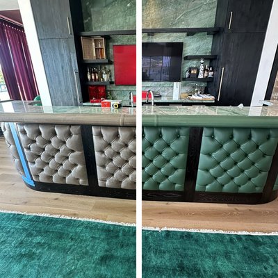 Custom Leather Color Change – Interior Panels - These custom leather panels no longer matched the updated interior and felt visually heavy within the space.
Instead of replacing the upholstered sections, we performed professional leather recoloring, transforming the original finish into a deep green tone that complements the surrounding materials and architectural elements.
The natural texture and tufted detailing were preserved, while the overall look became more cohesive and refined.
Leather color change is an effective way to modernize custom furniture and built-in elements without full replacement.
Thinking about updating the color of your leather surfaces? Send us photos through Yelp for a free estimate. Custom Leather Color Change – Interior Panels - These custom leather panels no longer matched the updated interior and felt visually heavy within the space.
Instead of replacing the upholstered sections, we performed professional leather recoloring, transforming the original finish into a deep green tone that complements the surrounding materials and architectural elements.
The natural texture and tufted detailing were preserved, while the overall look became more cohesive and refined.
Leather color change is an effective way to modernize custom furniture and built-in elements without full replacement.
Thinking about updating the color of your leather surfaces? Send us photos through Yelp for a free estimate.