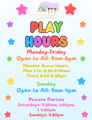 Open Play - Come play, and find your village today! Our indoor family play 'village' is open to the public (families with children under 8 yrs old) Sunday-Friday.
Daily play passes are $15/first child, $12/additional sibling, $7/crawler
Monthly($39.99), Quarterly($104.99), and Annual($349.99) memberships are available on site, and include UNLIMITED Open Play, plus bonus hours, exclusive gifts, and discount on ticketed classes, events, and private parties! All additional sibling memberships are 10% off! Open Play - Come play, and find your village today! Our indoor family play 'village' is open to the public (families with children under 8 yrs old) Sunday-Friday.
Daily play passes are $15/first child, $12/additional sibling, $7/crawler
Monthly($39.99), Quarterly($104.99), and Annual($349.99) memberships are available on site, and include UNLIMITED Open Play, plus bonus hours, exclusive gifts, and discount on ticketed classes, events, and private parties! All additional sibling memberships are 10% off!